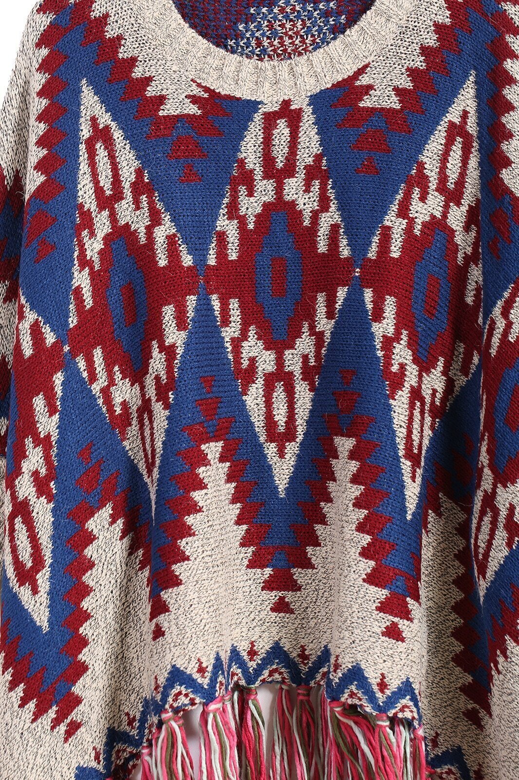 Geometric Print Tassel Knit Blue SweaterFor Womenromwe