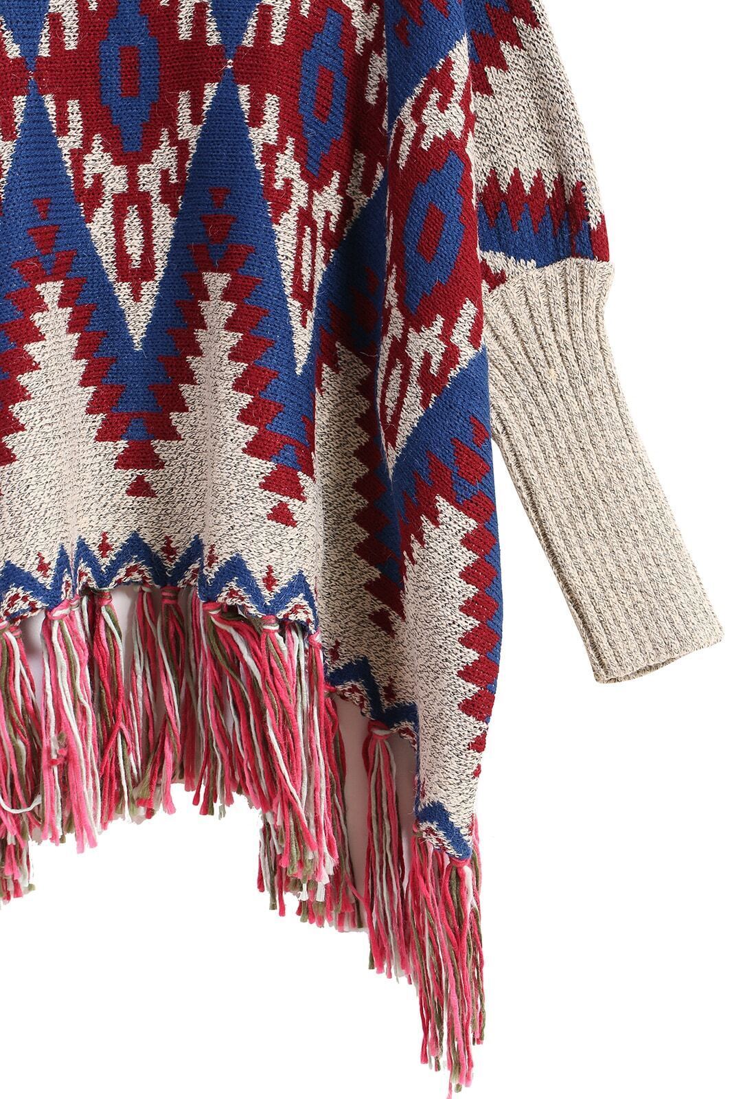 Geometric Print Tassel Knit Blue SweaterFor Womenromwe
