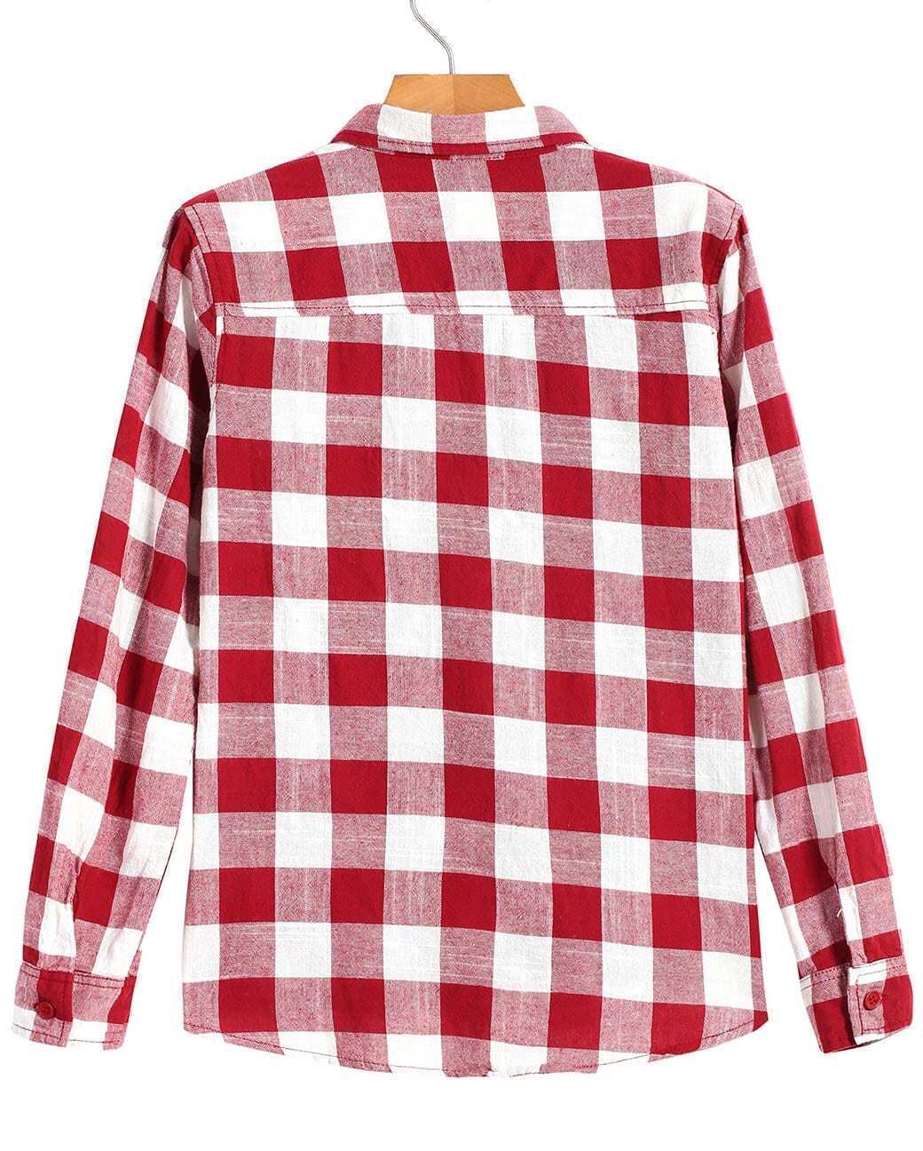 Check Print Pockets Red BlouseFor Women-romwe