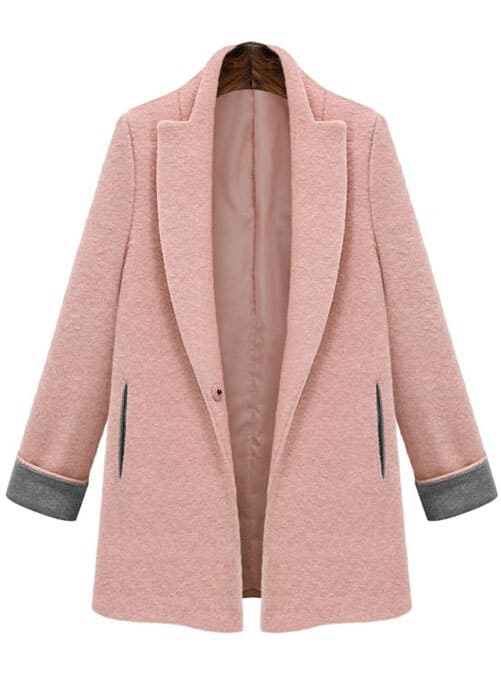 Lapel Pockets Woolen Pink CoatFor Womenromwe