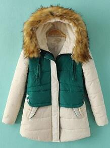 Faux Fur Hooded Slim Green Coat