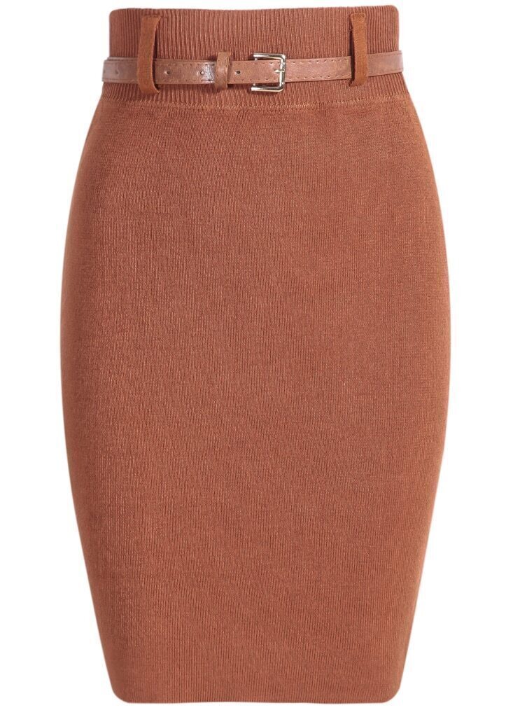 Belted Khaki Knit Bodycon SkirtFor Womenromwe