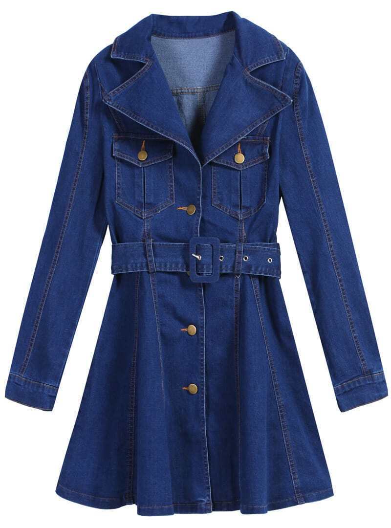 Lapel Belt Pockets Denim DressFor Womenromwe