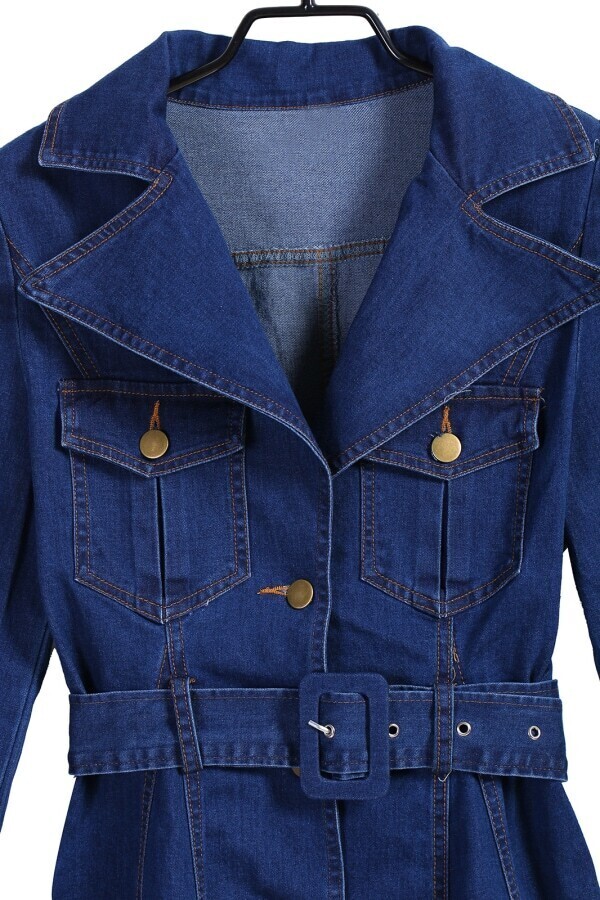 Lapel Belt Pockets Denim DressFor Womenromwe