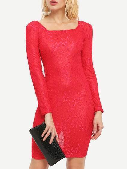 Square Neck Lace Red Pencil Dress