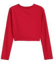 Crop Long Sleeve Red T-shirtFor Women-romwe