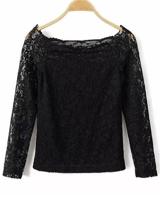 Boat Neck Lace Black BlouseFor Womenromwe