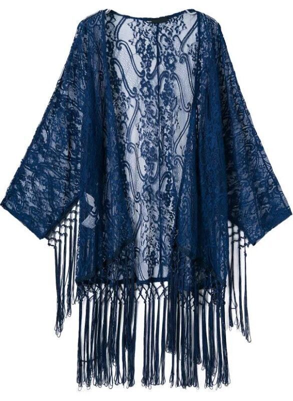 Sheer Lace Tassel KimonoFor Womenromwe