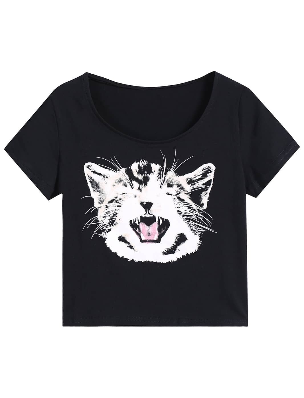 Cat Print Black TShirtFor Womenromwe