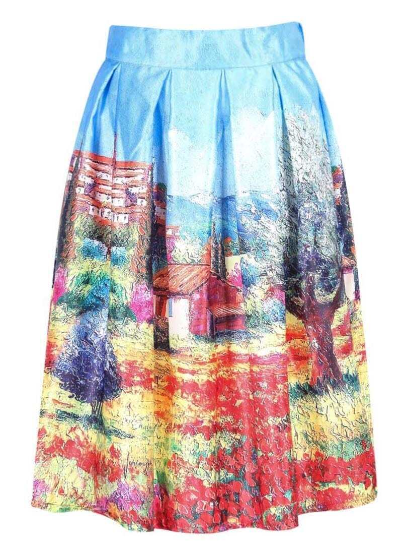 Painting Print Midi Multicolor SkirtFor Womenromwe