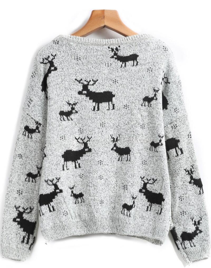 Deer Print Knit Grey SweaterFor Womenromwe