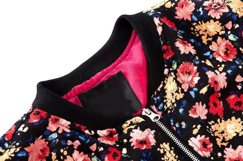 Black Long Sleeve Zipper Pockets Floral JacketFor Womenromwe