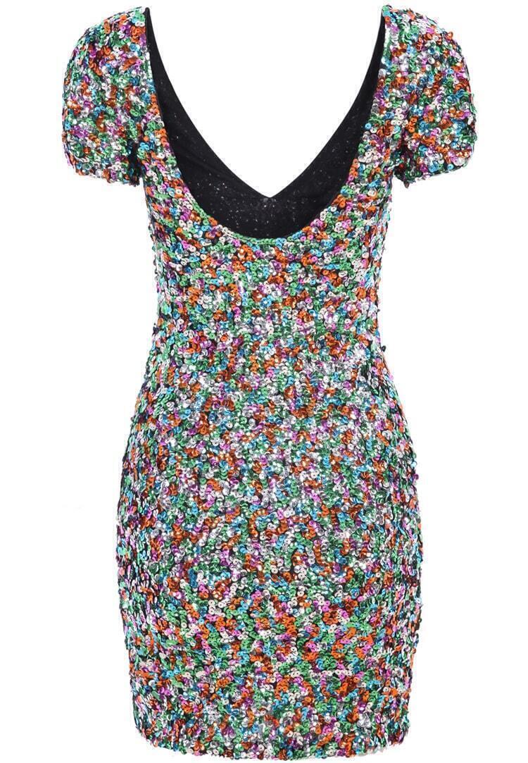 Multicolor V Neck Sequined Bodycon DressFor Womenromwe