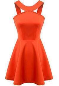 Orange Strap Backless Flouncing Flare Dress