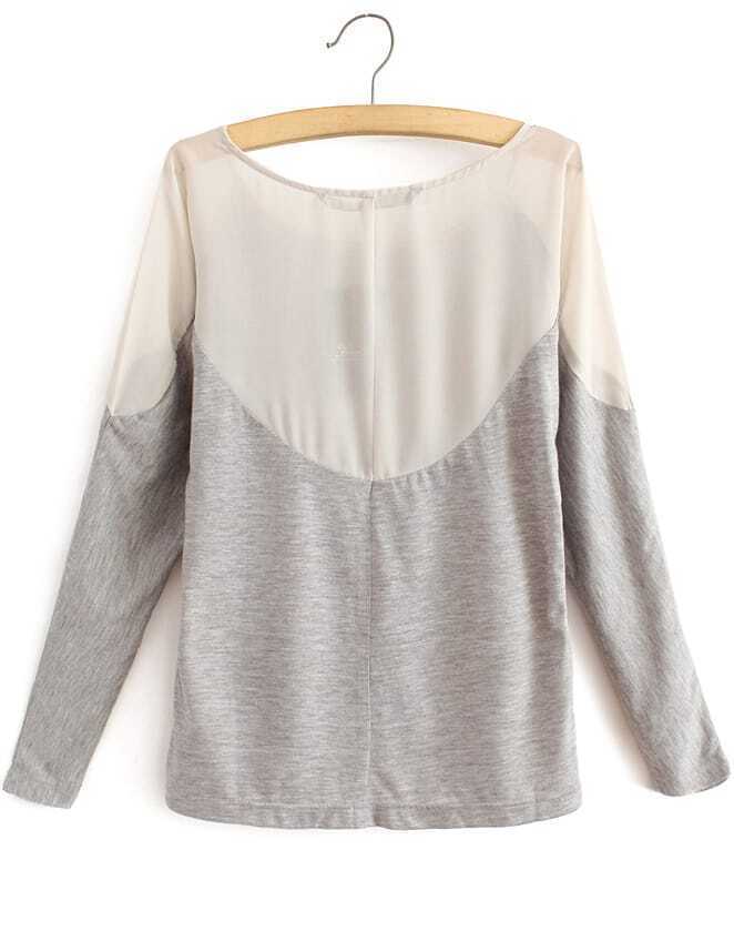 Contrast Sheer Pockets Grey BlouseFor Womenromwe