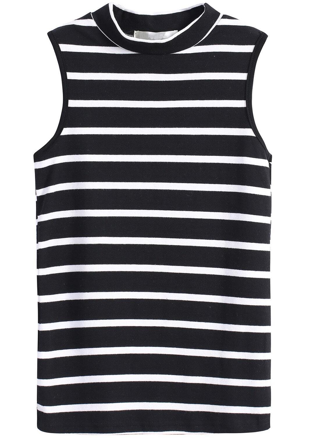 Stand Collar Sleeveless Striped Black TShirtFor Womenromwe