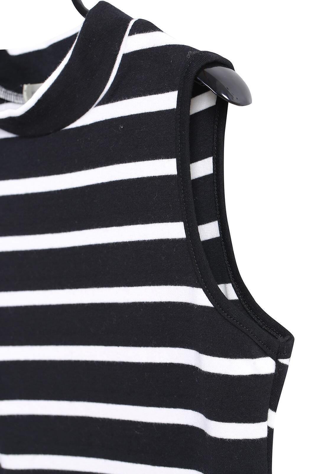 Stand Collar Sleeveless Striped Black TShirtFor Womenromwe