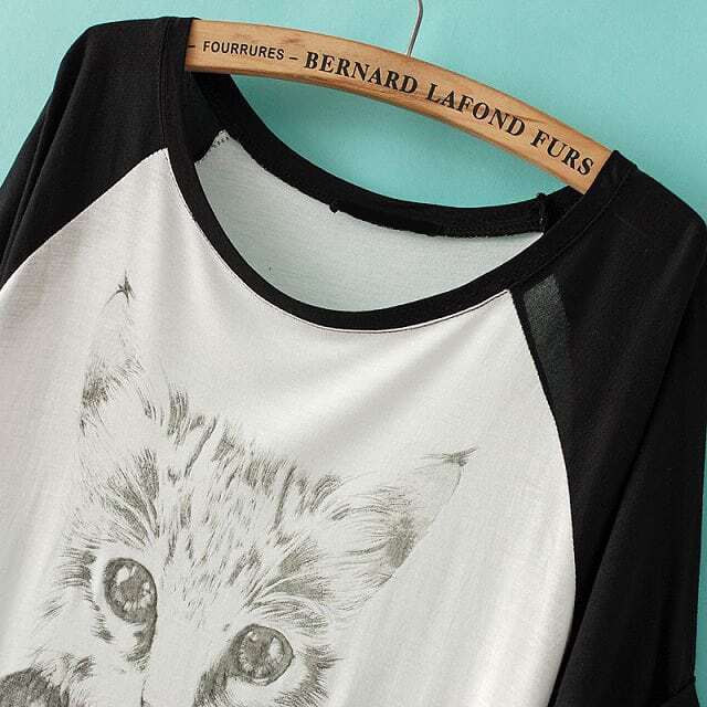 Cat Print Black and White TShirtFor Womenromwe
