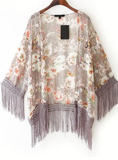 Floral Tassel Chiffon Kimono