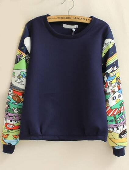 Navy Round Neck Cartoon Print Sweatshirt