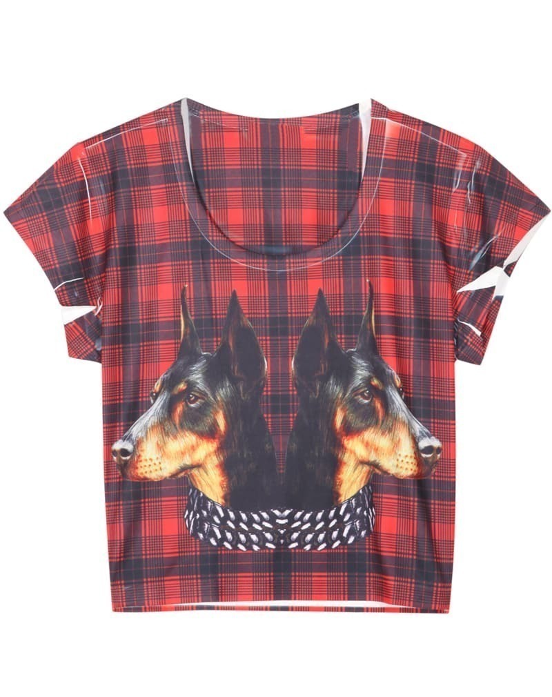 Round Neck Plaid Dog Print Crop TshirtFor Womenromwe