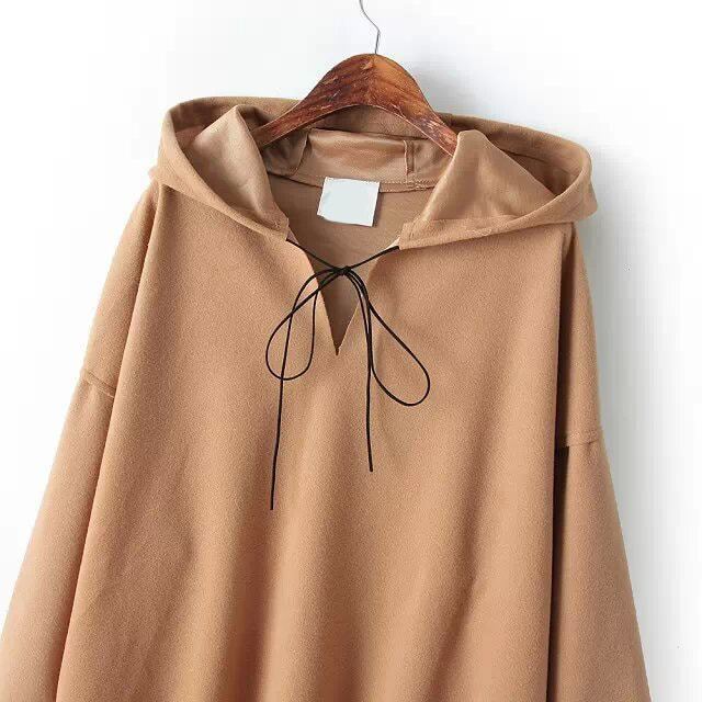 Hooded Dip Hem Loose Khaki SweatshirtFor Womenromwe