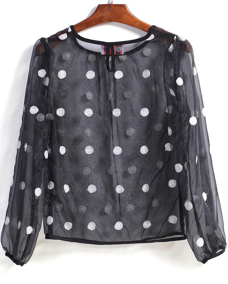 black top with mesh polka dot sleeves