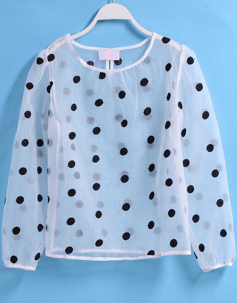 Round Neck Polka Dot Sheer Mesh White BlouseFor Women-romwe