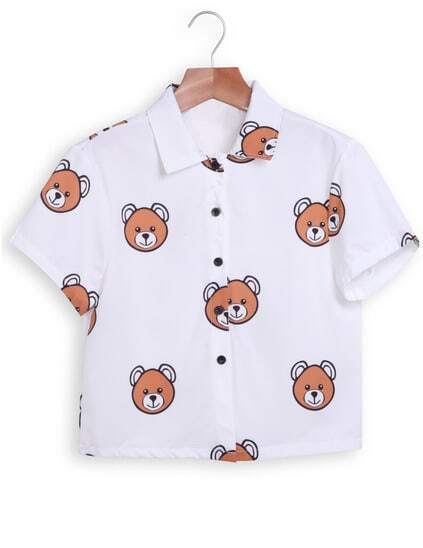 Lapel Bears Print Crop White Blouse