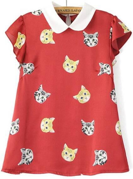 Doll Collar Cat Print Red Top