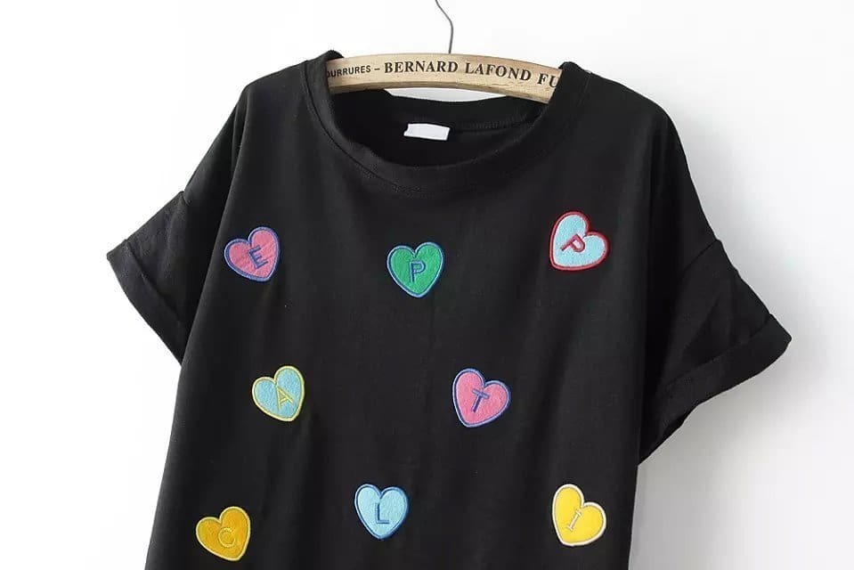 Heart Embroidered Black TshirtFor Womenromwe