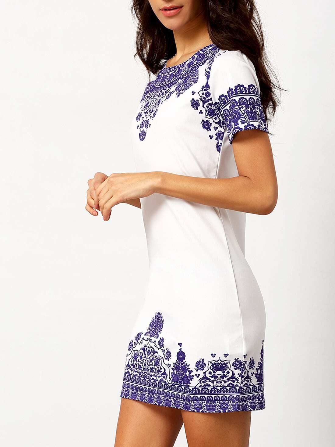 Short Sleeve Vintage Print DressFor Womenromwe