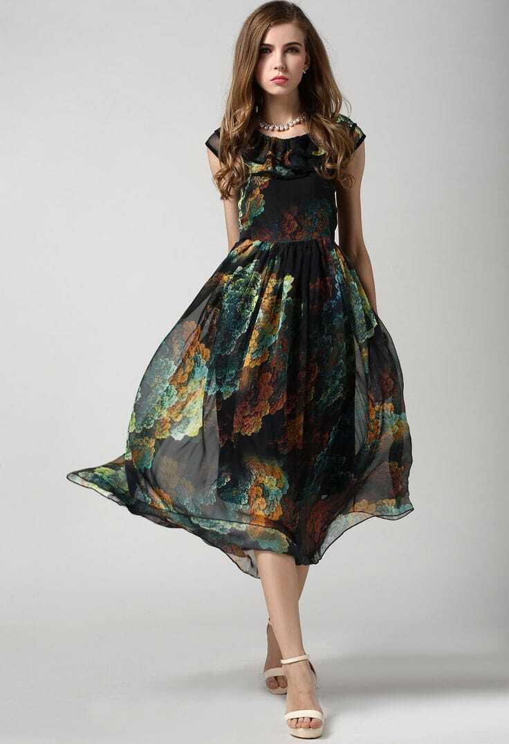 Vintage Florals Chiffon Pleated DressFor Womenromwe