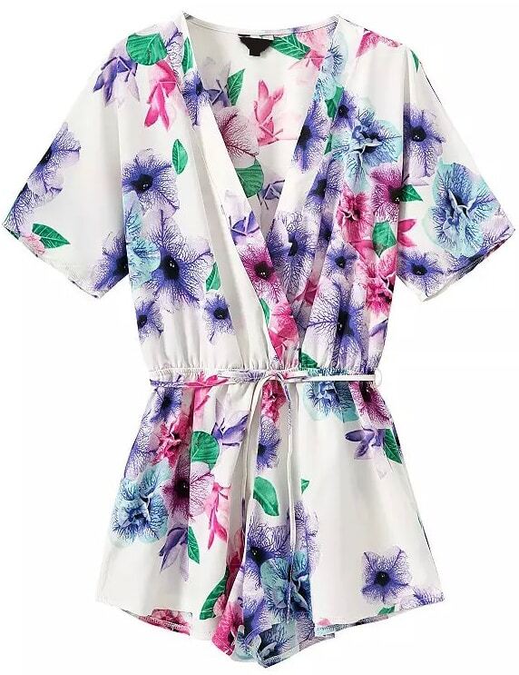 Deep V Neck With Belt Florals Blue JumpsuitFor Womenromwe