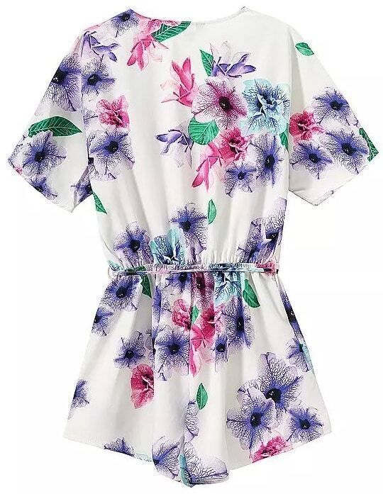 Deep V Neck With Belt Florals Blue JumpsuitFor Womenromwe