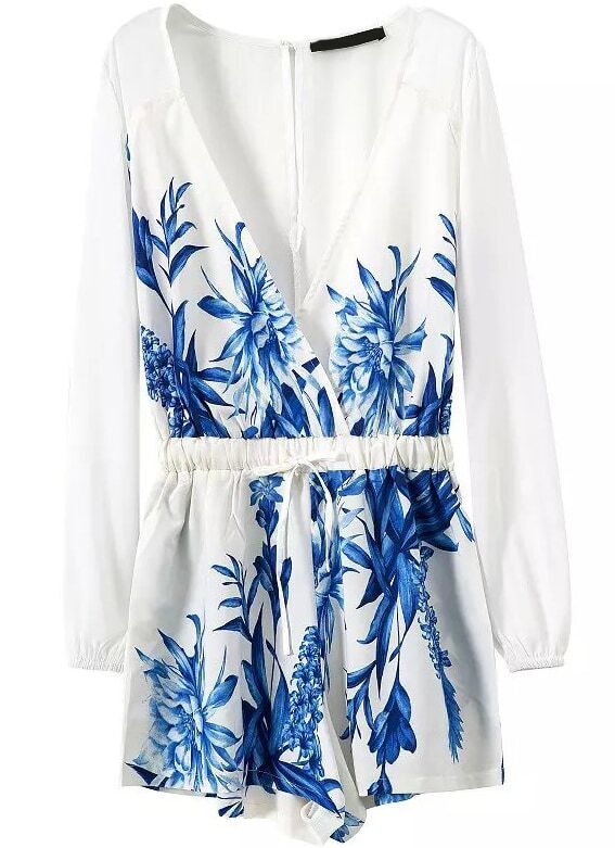 Long Sleeve V Neck Pastel Floral Print JumpsuitFor Womenromwe