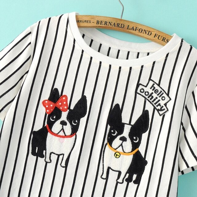 Vertical Striped Dog Print TshirtFor Womenromwe