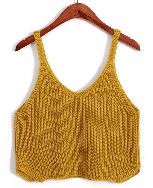 Spaghetti Strap Crop Knit Yellow Cami Top For Womenromwe