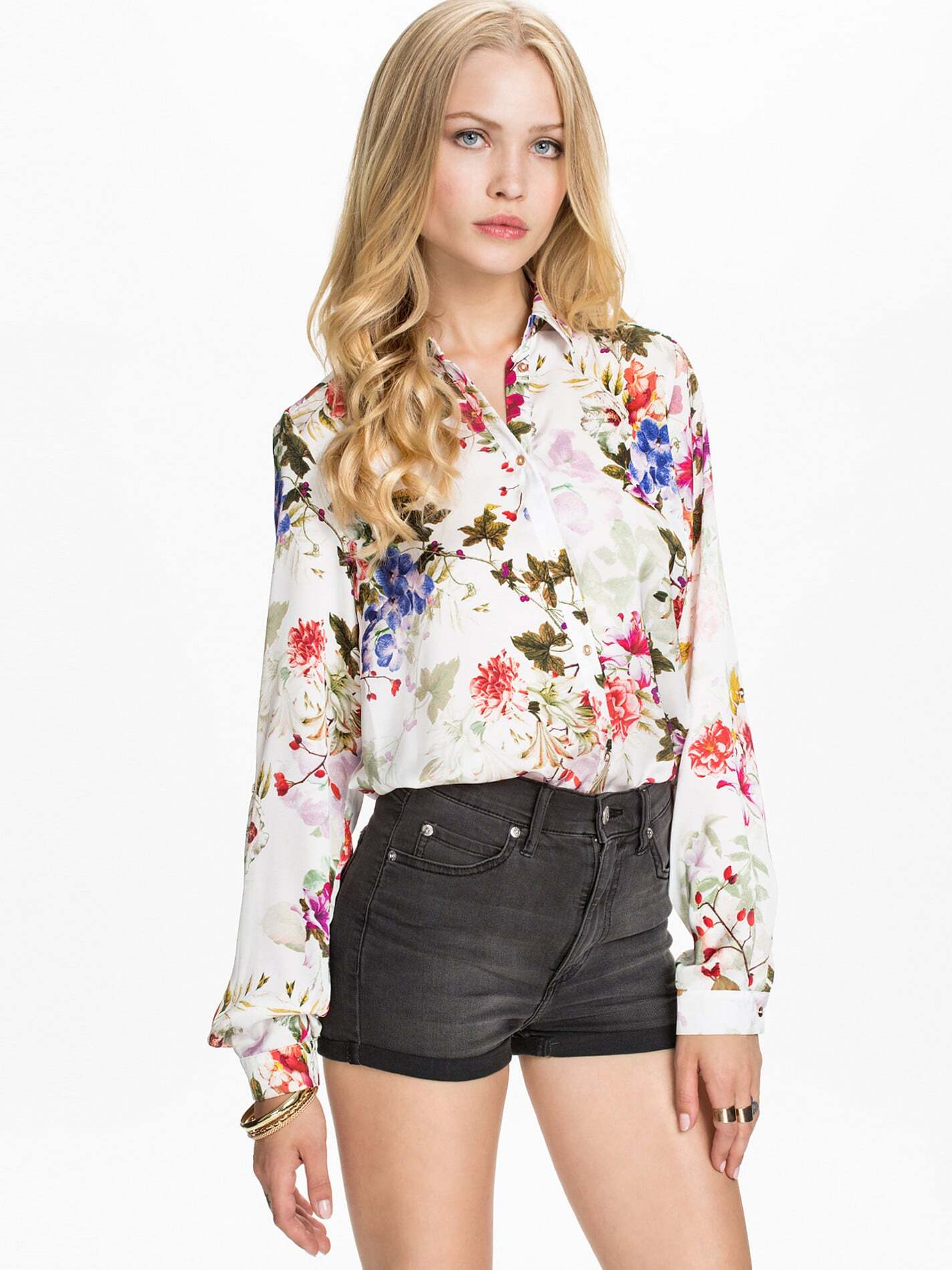 White Long Sleeve Floral Print BlouseFor Womenromwe