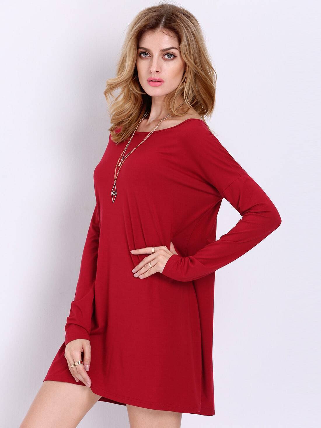 Wine Red Long Sleeve Casual DressFor Womenromwe