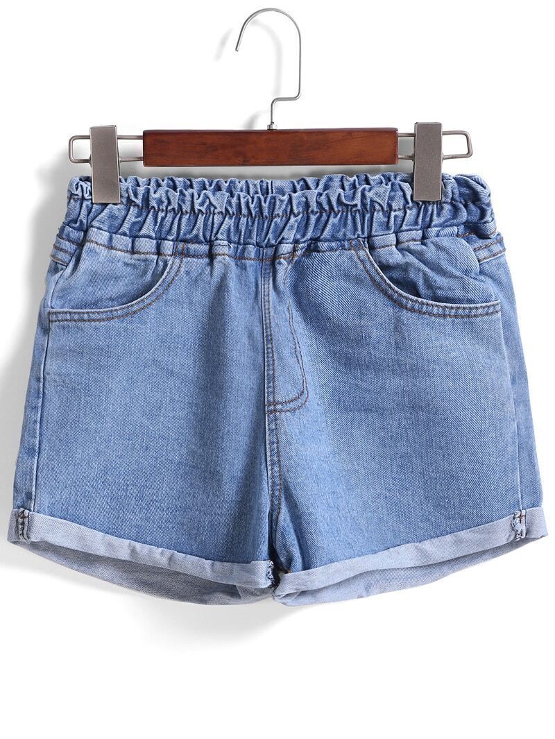 Elastic Waist Cuffed Denim Pale Blue ShortsFor Womenromwe