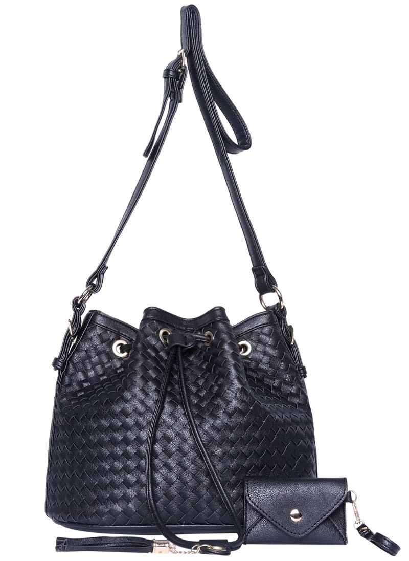 Black Drawstring Woven Shoulder BagFor Womenromwe