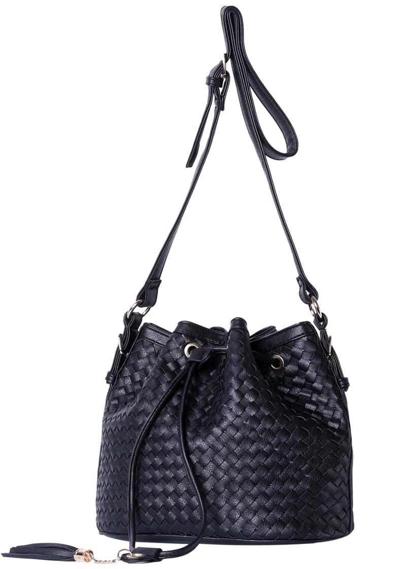 Black Drawstring Woven Shoulder BagFor Womenromwe
