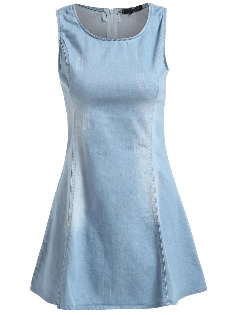 With Zipper Sleeveless Denim Flare DressFor Womenromwe