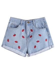 Strawberry Embroidered Cuffed Denim Shorts