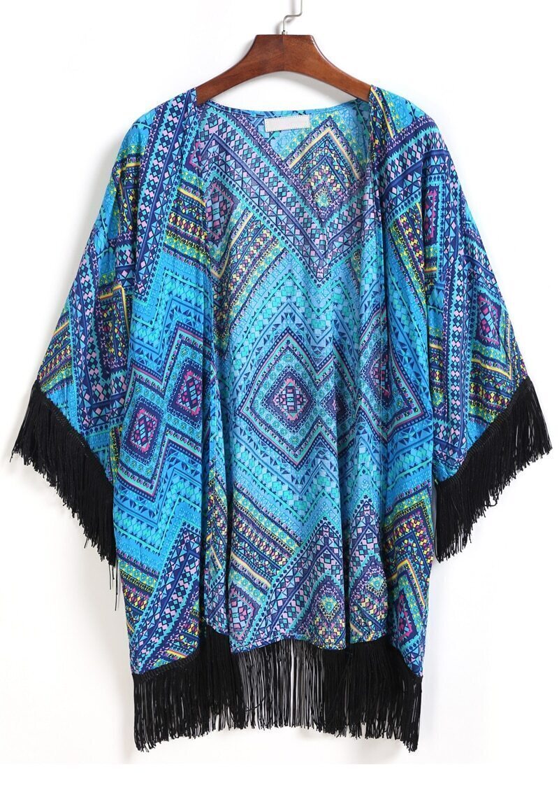 With Tassel Geometric Print KimonoFor Womenromwe