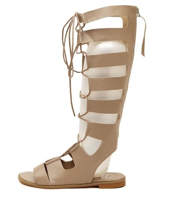 Khaki Lace Up Tall Flat SandalsFor Womenromwe