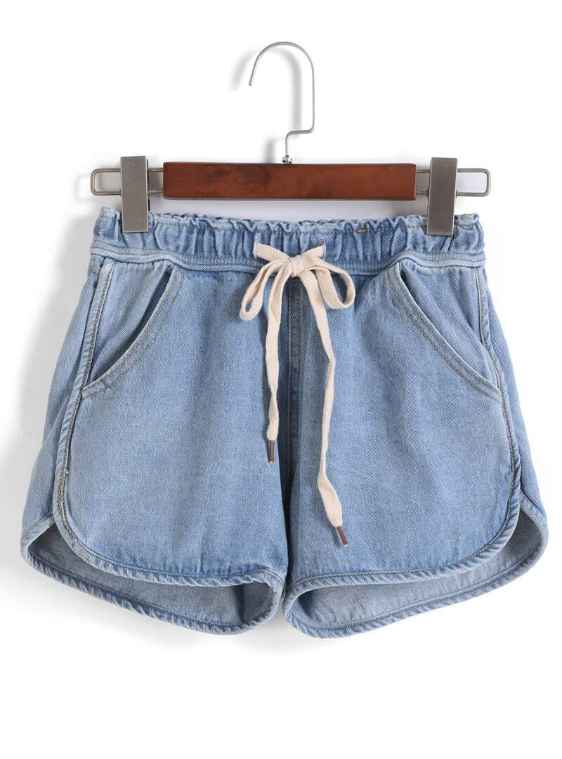 Drawstring With Pockets Denim ShortsFor Womenromwe