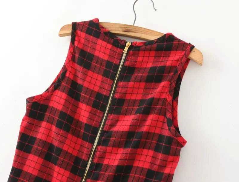 Red Round Neck Plaid Zipper Tank TopFor Womenromwe