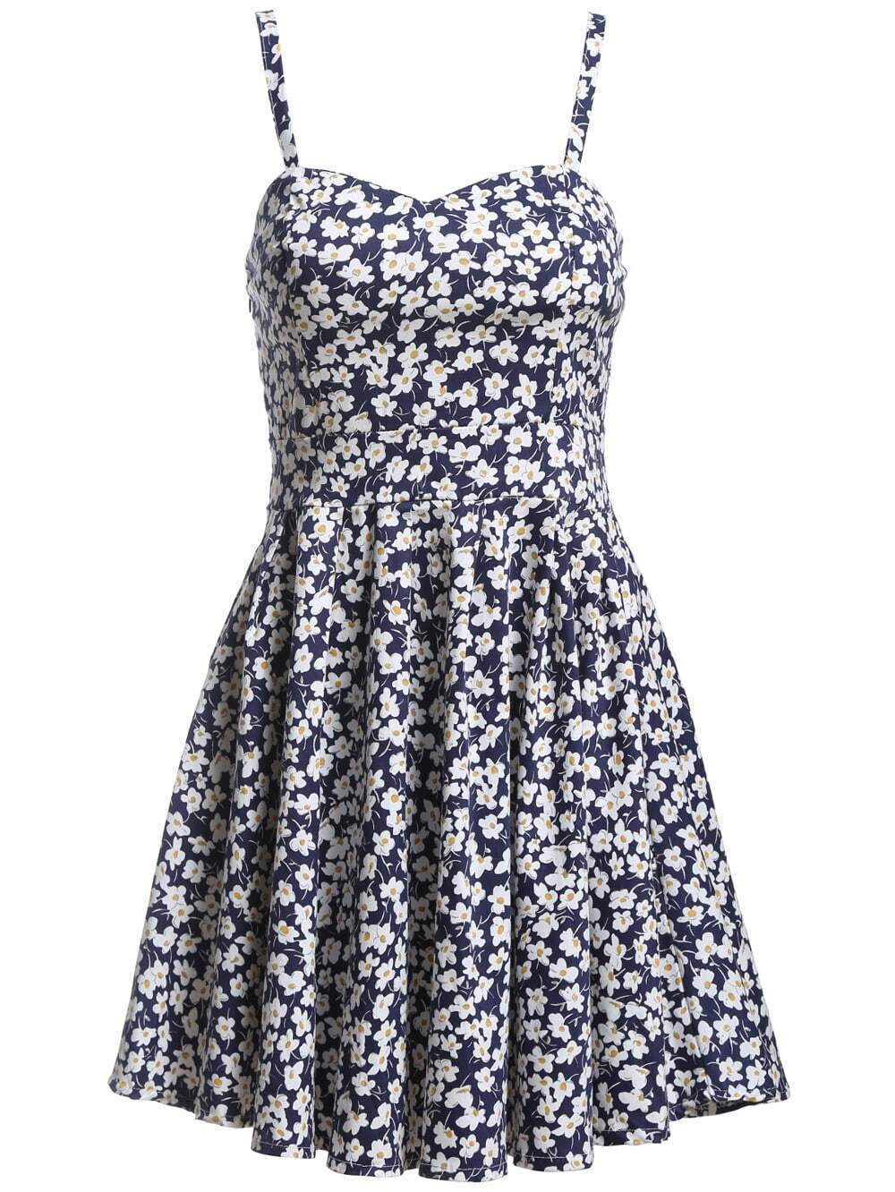 Spaghetti Strap Florals Pleated Blue DressFor Womenromwe
